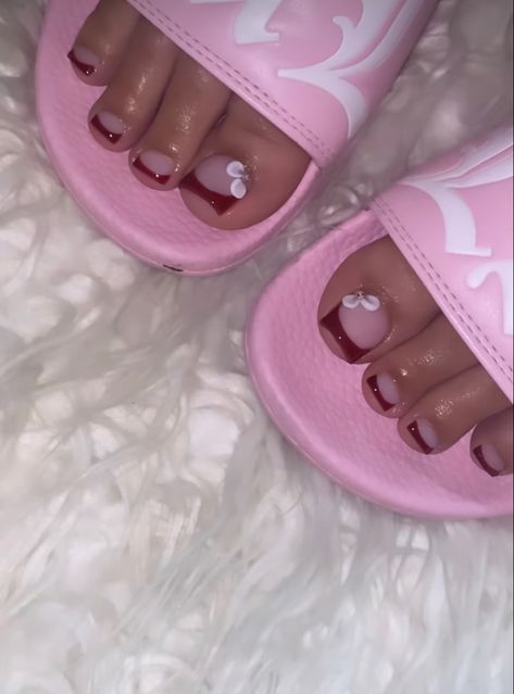 Burgundy French Tip Toes, Match Nails And Toes, Red French Pedicure, Pink Chrome Toe Nails, Red French Tip Nails Toes, Red Nails And Toes Matching, Red French Tip Toe Nails, Red Pedicure Toenails, Red Toenail Designs