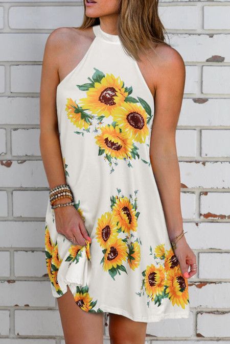 Wholesale Floral Dresses, Cheap Sunflower Halter Casual Mini Dress Online 1 Piece Dress, Casual Mini Dress, Sunflower Dress, Halter Mini Dress, Sunflower Print, Mini Dress Casual, Dresses By Length, Summer Style Casual, White Mini Dress