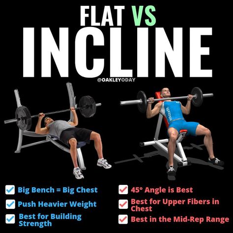 This post isn’t to say one is better than the other. I believe both are great and should be put into your training routine. This post is simply to lay out the benefits of why you should do both. Flat Barbell Bench Press: he bigger your bench is the bigger your chest will be. The Flat Bench Press is great it allows you to load the bar with a lot of weight and work on your strength. Incline Bench Press: If you struggle growing your upper chest, the incline bench press is key lift to focus on. Flat Bench Press, Barbell Bench Press, Incline Bench Press, Chest Workout Women, Bodybuilding Program, Incline Bench, Pectoral Muscles, Training Routine, Chest Muscles