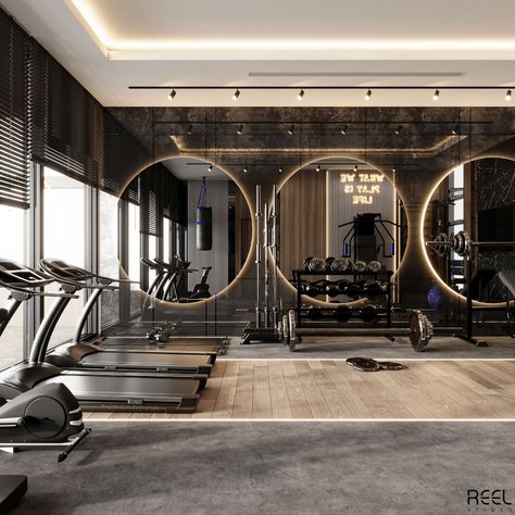 Modern Gym on Behance Fancy Gym Interior, Beautiful Gym Design, Gym Luxury Interior, Luxury Workout Room, Modern Fitness Gym Interior Design, Hotel Fitness Interior, Hotel Gym Interior Design, High End Gym Interior Design, Gym Room Luxury