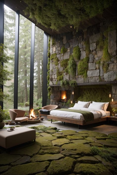 Forest Bedroom Aesthetic Bohemian, Natural Light Room Aesthetic, Jungle House Bedroom, Nature Themed House Interior Design, Forest Inspired Interior Design, Dark Forest Interior Design, Wild Interior Design, Nature Interior Design Concept, Forest Vibe Bedroom