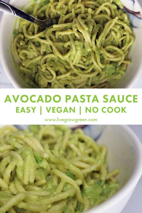 Avocado Pasta Sauce Recipe | Live Grow Green | An easy no cook recipe, this avocado pasta sauce is a simple way to create a creamy and filling vegan pasta sauce. #veganpasta #avocado #veganrecipe #vegandinner #avocadopasta Vegan Pasta Recipes Homemade, Avocado Pasta Sauce, Avocado Sauce Pasta, Vegan Pasta Sauce, Pasta Sauce Recipe, Vegan Pasta Dish, Easy Pasta Sauce, Creamy Pasta Sauce, Favorite Pasta Recipes