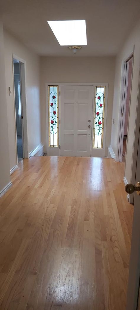 This is the before photo of our 25 year old oak floors which have turned an orangey color over the years. We recently bought our new to us 'retirement' sized home and we needed to renovate the floors within a two week period. Come visit and see what the floors look like before (left) and after the refinishing, sanding, staining and sealing. Don't forget to follow for updates :) #renovation #home #house #downsizing #retirement #refinishing #oak #floors #hardwood Oak Floor Stains Before And After, Old Oak Floors Refinished, Refinished Floors Hardwood, Before And After Hardwood Floor Refinish, Refinished Oak Floors Before And After, Refinish Hardwood Floors Before After, Refinished Wood Floors Before And After, Refinishing Engineered Hardwood Floors, Refinish Engineered Wood Floors