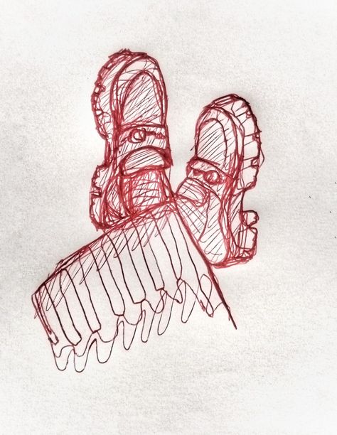 Rough Drawing Sketches, Red Pencil Sketch, Red Pen Sketch, Red Pen Drawings, Red Sketch, Red Drawing, Drawing Shoes, Easy Sketches, Rough Sketches