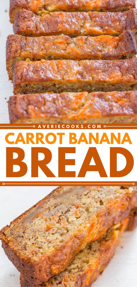 Easy Banana Carrot Bread Recipe - Averie Cooks Banana Carrot Bread Recipe, Carrot Banana Bread, Banana Carrot Bread, Carrot Zucchini Bread, Carrot Bread Recipe, Carrot Cake Bread, Banana Carrot Muffins, Carrot Cake Loaf, Zucchini Banana Bread