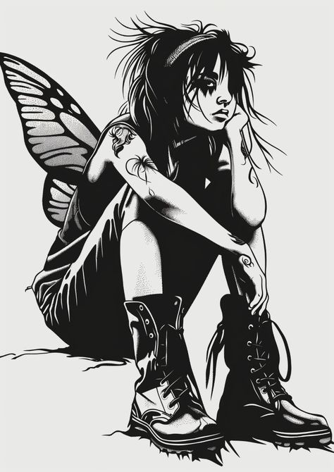 Goth Drawings Sketch, Woman With Butterfly Wings, Goth Drawings, Woman With Butterfly, Drawing Sitting, Minimalistic Black And White, Emo Fairy, White Sketches, Black And White Boots