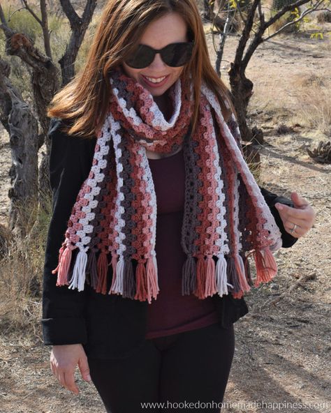 Granny Stripe Scarf Crochet Pattern | Hooked on Homemade Happiness Stripe Scarf Crochet, Granny Stripe Scarf, Granny Scarf, Stripe Scarf Pattern, Crochet Blanket Scarf, Crochet Stripe Scarf, Crochet Craft Fair, Granny Square Scarf, Ladies Knitting Patterns