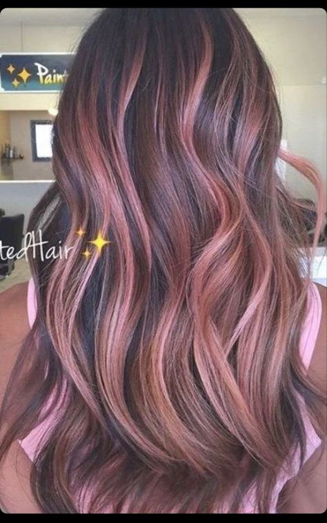 Rose Gold Hair Brunette, Gold Balayage, Rose Gold Balayage, Gold Hair Colors, Autumn Hair, Hair Color Rose Gold, Color Highlights, Long Brunette, Balayage Hair Dark