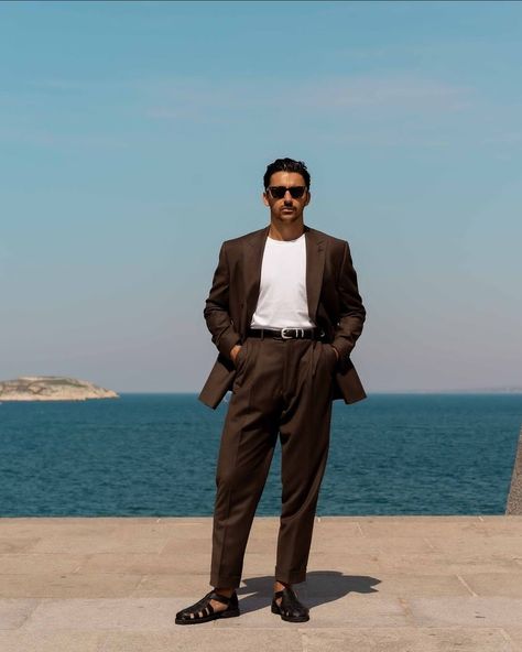 Formal Dresses For Men Dark Skin, Work Outfits Men Summer, Wedding Guest Men Outfit Formal, Fisherman Sandals Outfit Men, Summer Suits Men Wedding Guest, Wedding Fashion For Guests, Summer Wedding Suits Groom, Sandals Work Outfit, Fisherman Sandals Outfit