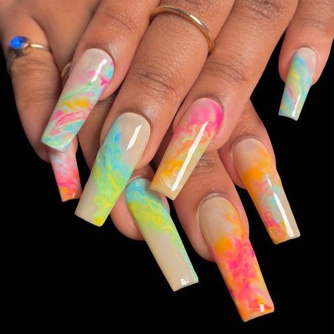 Coloured Marble Nails, Marble Nails Colorful, Rainbow Marble Nail Art, Colourful Marble Nails, Multi Colored Marble Nails, Nails Mixed Colors, Water Colour Nails, Colorful Marble Nails, Watercolor Nail Designs