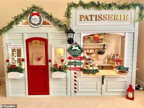 Creative mother hacks the $179 Kmart cubby house into a French-inspired patisserie Kmart Cubby House, Kmart Cubby, Christmas Kids Room, Wooden Cubby, Creative Kids Rooms, Cubby House, Holiday Crafts Christmas, Kid Toys, Playroom Decor