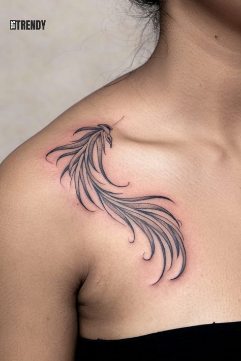 Phoenix tail tattoo on the collarbone Collar Bone Tattoo Women, Collar Bone Shoulder Tattoo, Minimalist Phoenix Tattoo, Phoenix Feather Tattoos, Phoenix Tattoo Ideas, Tail Tattoo, Tattoo Feather, Phoenix Tail, Small Phoenix Tattoos