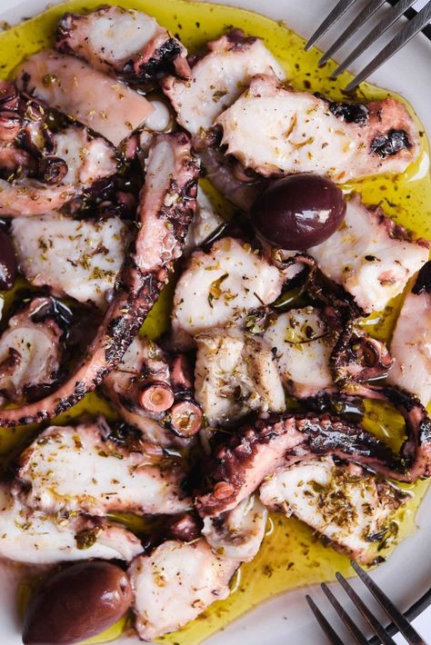 Mediterranean Octopus Recipe, Octopus Recipes Italian, Greek Seafood Recipes, Marinated Octopus, Greek Octopus, Greek Seafood, Octopus Recipe, Greek Fish, Greek Meze