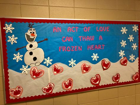 Winter Valentine Bulletin Board Ideas, Winter Valentine Bulletin Board, Winter Valentines Bulletin Boards, Winter Valentine Classroom Door, Olaf Valentine Door Decoration, Olaf Bulletin Board Ideas Winter, Disney Valentine Bulletin Board, Frozen Bulletin Board Ideas, Valentine’s Day Bulletin Board Preschool