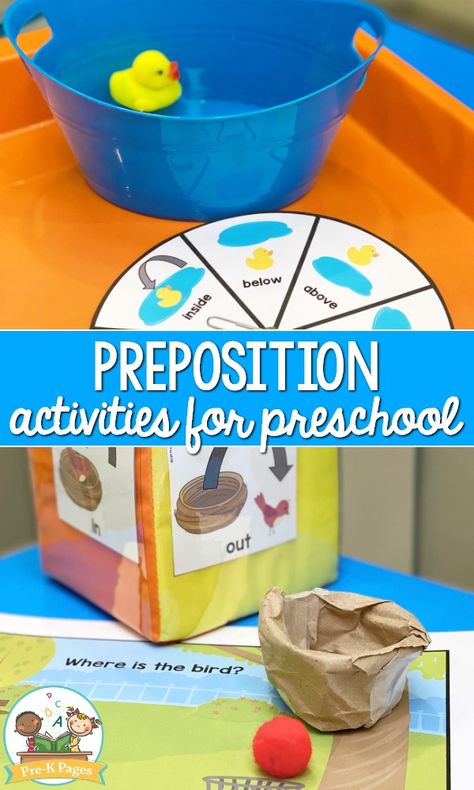 I pinned this pin. There are several activities on this website that prompt students to put various objects in the placement of the prepositional words that is promted. Includes printable spinners and pictures to put on boxes. Can be done in small groups or in a large groups. Relates to standard 9B.ECa and b - Show understanding and use appropriate language for locaiton and ordinal poition Positional Games For Preschool, Prek Positional Word Activities, Prepositions Preschool Activities, Speech Therapy Preposition Activities, Positional Language Eyfs, Position Words Preschool, Prepositions Activities For Kids, Preposition Activities Preschool, Teaching Prepositions Activities