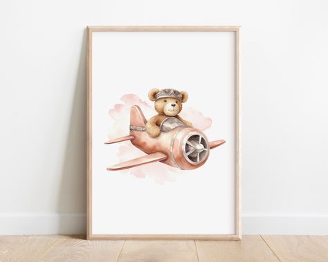 Teddy Bear Nursery Decor, Plane Nursery, Teddy Bear Wall Art, Aviation Nursery, Nursery Stories, Teddy Bear Nursery, Nursery Art Girl, Bear Nursery, Bear Theme