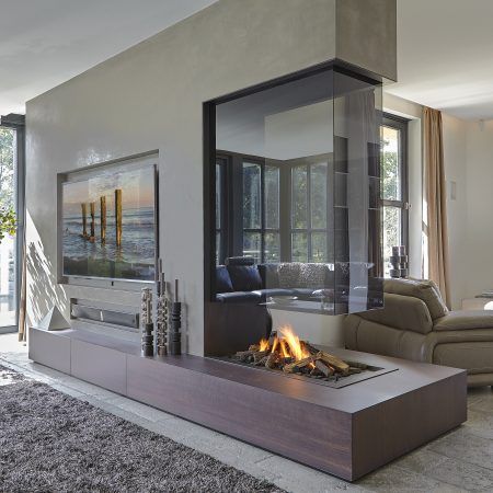 3 Sided Fireplace, Hanging Fireplace, Two Sided Fireplace, Double Sided Fireplace, Glass Fireplace, Contemporary Fireplace, Home Fireplace, Modern Fireplace, Living Room With Fireplace