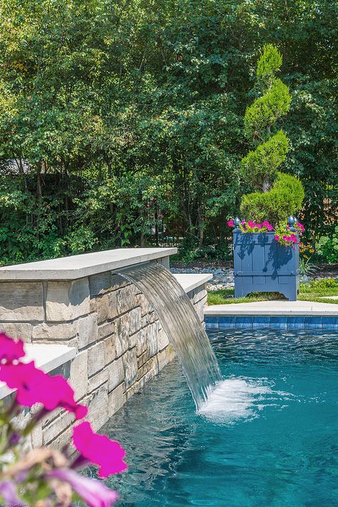 Baker Pool Construction of St. Louis | Builders Backyard Fountains and Waterfalls Pool Decorations, Outdoor Pool Decor, Ideas De Piscina, Swimming Pool Fountains, Swimming Pool Waterfall, Florida Pool, Pools Backyard Inground, Fountains Backyard, Pool Water Features