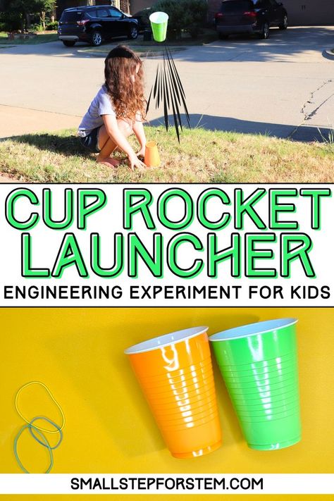 This experiment utilizes potential and kinetic energy to blast our plastic cup rocket off. By pressing down on the rocket, we are building potential energy that is converted into kinetic energy when we let go and let our rocket fly. "GO" for launch in 3, 2, 1... BLAST OFF! Kinetic Energy Activities, Potential And Kinetic Energy, School Age Activities, Science Week, Science Camp, Summer Science, Diy Science Experiments, Engineering Activities, Science Experiments For Preschoolers