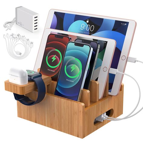 Bamboo Charging Station for Multiple Devices with 5 Port USB Charger, 5 Charger Cables,Watch and Earbud Stand; Pezin & Hulin Desk Wood Docking Stations Electronic Organizer : Amazon.ca: Everything Else Organizer Amazon, Charging Station Organizer, Electronic Organizer, Mobile Watch, Nightstand Organization, Desk Wood, Charger Station, Usb Charging Station, Electronic Organization