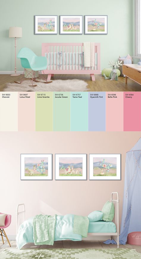 The top image shows a baby girl nursery with Sherwin Williams Jocular Green walls and the bottom image shows a toddler bedroom with Lotus Petal pink walls. The color palette in the middle is inspired from the llama and cactus print set on the walls. Pastel Girls Room Bedroom, Colourful Playroom Ideas, Toddler Room Color Palette, Girls Room Color Palette, Pastel Toddler Girl Room, Pastel Colour Bedroom Ideas, Pastel Rainbow Girls Room, Pastel Toddler Room, Girls Pastel Bedroom Ideas