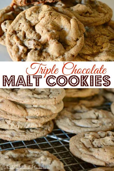 Triple Chocolate Malt Cookies using malted milk powder, cocoa powder, chocolate chips, and chocolate chunks. Don't miss the BEST malt cookies recipe out there! #maltedcookies #chocolatemaltcookies Malt Cookies, Malted Milk Powder, Malt Recipe, Milk Chocolate Chip Cookies, Cake Recipes For Kids, Muffins Recipes, Chocolate Malt, Cocoa Cookies, Unique Cookies