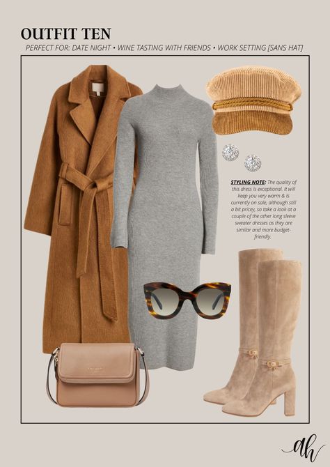 Wrap Dress With Tall Boots, High Tea Fall Outfit, Taupe Boot Outfit, Winter High Tea Outfit, Brown Boots Outfit Winter, Brown Suede Boots Outfit, Taupe Boots Outfit, Wrap Coat Outfit, Gray Sweater Dress Outfit