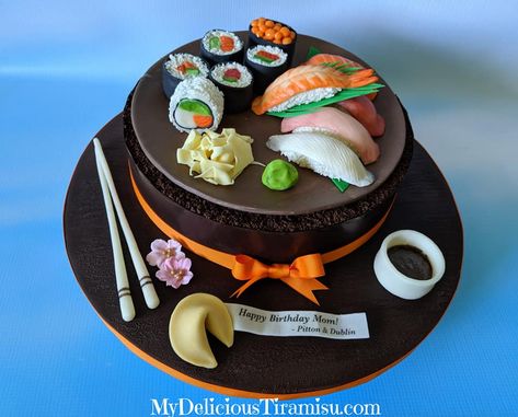 Chocolate Sushi Cake by Oksana Krasulya - My Delicious Tiramisu LLC Sushi Cake Ideas, Sushi Cake Birthday, Sushi Birthday Cake, Chocolate Sushi, Sushi Cakes, Sushi Cupcakes, Impressive Cakes, Candy Sushi, Dessert Sushi