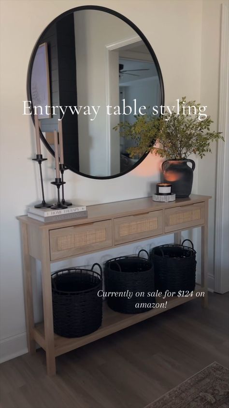 LAZZO Rattan Console Table Boho … curated on LTK Table In Hallway Decor, Tan Console Table, Entryway Ideas Table Shoe Storage, Entryway Table Next To Stairs, Rattan Console Table Decor, Boho Console Table Entryway, Front Entry Table Decor Modern, Rattan Hallway Table, Console Table Front Entrance