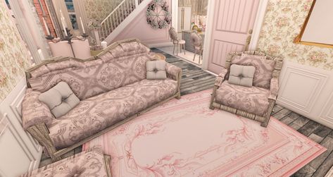 Bloxburg Costume Furniture, Bloxburg Princess House, Pink Living Room Bloxburg, Bloxburg Fancy Bathroom, Bloxburg Decorating Ideas Hallway, Bloxburg House Entry Ideas, French Living Room Aesthetic, Gyaru Bloxburg House, Coquette House Layout