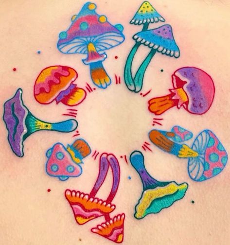 Toadstool Tattoo Simple, Colorful Cartoon Tattoos, Trippy Minimalist Tattoo, Colorful Chest Tattoo, Lisa Frank Tattoo Ideas, Colorful Mushroom Tattoo, Color Line Tattoo, Colorful Tattoo Sleeve, Lisa Frank Tattoo