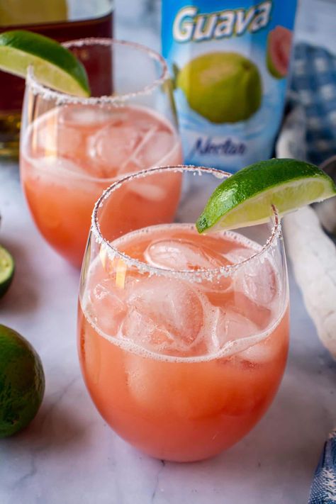 Guava Margarita Recipes On The Rocks, Guava Tequila Cocktail Recipes, Latin Brunch Ideas, Spicy Guava Margarita, Guava Drink Cocktails, Guava Cocktails, Guava Margarita Recipe, Guava Cocktail Recipes, Guava Cocktail