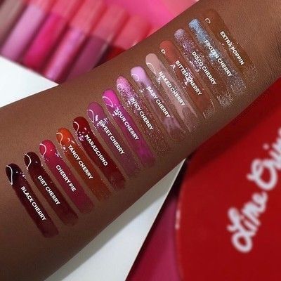 Swatches of LimeCrime Wet Cherry lip glosses Cherry Lip Makeup, Lip Gloss Diy Recipes, Cherry Lip Gloss, Lip Gloss Recipe, Body Butter Labels, Color Lip Gloss, Lipgloss Swatches, Lip Shades, Lip Gloss Homemade