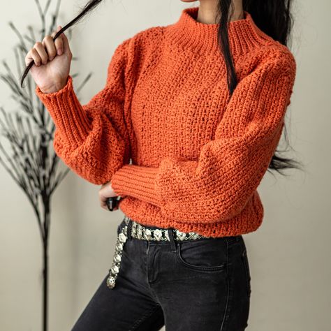 This airy sweater can be made with our detailed pattern, photo pattern and free video tutorial! It's a gorgeous make with lot's of modern elements. The texture is made from moss stitches and single crochet's, the balloon sleeve is cinched together with a long ribbed cuff and it features a long collar that can easily be adapted to a short collar! Please Enjoy! 💖 Be sure to follow on YouTube, Instagram and check out my Etsy @TCDDIY #crochet #crochettop #crochetpattern Crochet Balloon Sleeve, Crochet Balloon, Crochet Cable Stitch, Balloon Sleeve Cardigan, Balloon Sleeve Sweater, Crochet Sweater Pattern, Crochet Cable, Crochet Sweaters, Moss Stitch