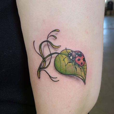 Adorable ladybug tattoo done by @kristylynneart in a colour realistic style!! Love how the shading makes it appear as though the leave is actually over the skin, giving a realistic appeal to it! Lovin the green's and yellows! Ladybug On A Leaf Tattoo, Ladybug Tattoo Design, Tattoo Ladybug, Ladybug Tattoo, Realism Tattoos, Leaf Tattoo, Lady Bug Tattoo, Mama Tried, Tattoos For Black Skin