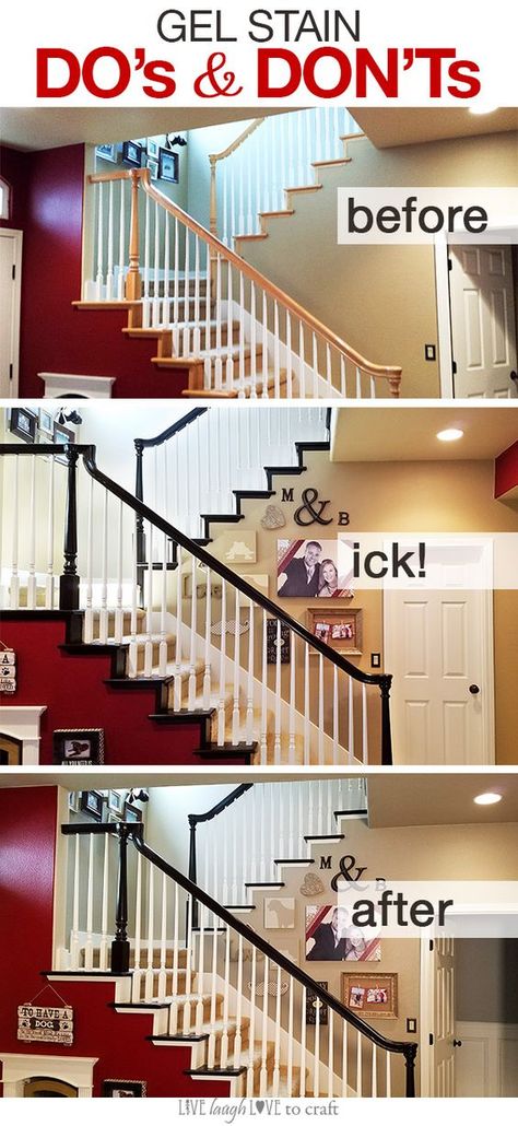 After months of admiring this amazing gel stain makeover over at Remodelaholic, I finally had a stretch of time off work long enough to dive right in and tackle this project in my home. (My office … Gel Stain Banister Stairs, Stained Stair Railing, Paint For Stairs Staircases, Stair Case Remodel Ideas, Staining Banister, Gel Stain Staircase, Gel Stain Banister, Stain Staircase, Painted Balusters