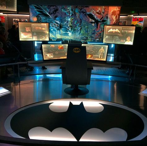 Bat-Cave Bat Cave Man Cave, Batman Cave Room Ideas, Batman Cave Ideas, Batcave Desk, Dc Room Ideas, Batman Gaming Setup, Batman Playroom, Bat Cave Ideas, Marvel Man Cave