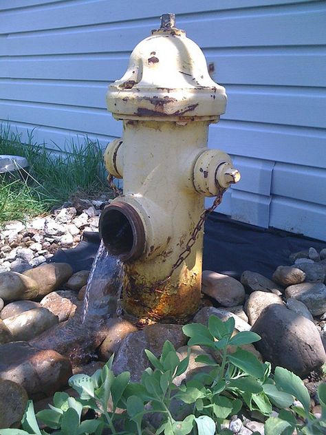 Lance will be making something similar to this for our dogs in the back yard. Ours will have a bowl under the water and will be their water bowl! Yard Dog Area, Fire Hydrant Ideas, Yard Fountain, Dog Water Fountain, Decorative Garden Fencing, Fire Hydrants, Fountain Ideas, Outdoor Water Features, Dog Yard