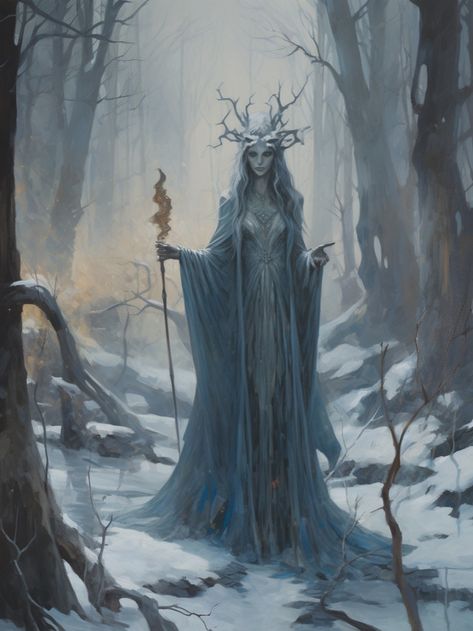 An oil painting of a winter witch. Gothic Forest, Gothic Winter, Winter Fantasy Art, Winter Witch Art, Creepy Witch, Winter Witch Aesthetic, Christmas Witch Art, Victorian Witch, Forest Witch Art