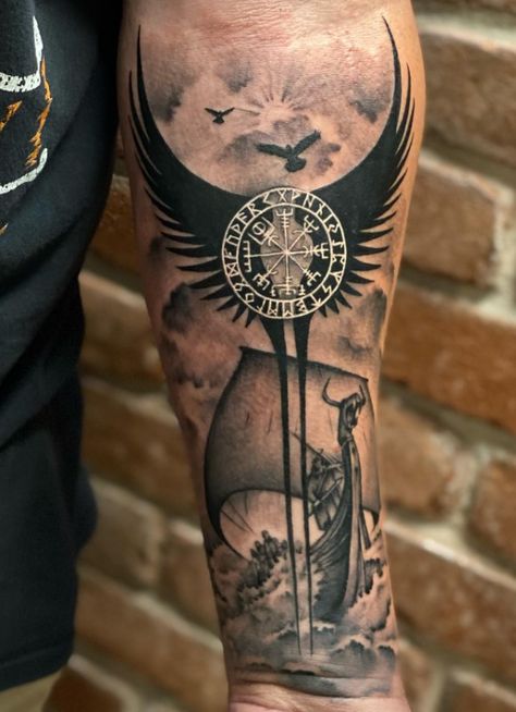 Viking Vegvisir Wings Idea Viking Odin Tattoo, Beserkers Vikings Tattoo, Viking Hammer Tattoo, Viking Leg Sleeve Tattoo, Japanese Arm Sleeve Tattoo For Men, Viking Tattoos For Men Norse Mythology, Viking Leg Sleeve, Viking Forearm Tattoo Men, Valkyrie Tattoo Men