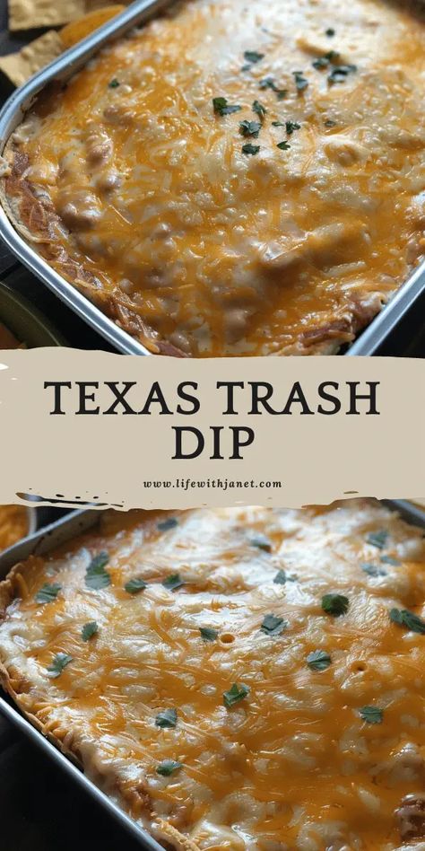 Texas Trash Dip Texas Bean Dip, Creamy Bean Dip, Texas Trash Chicken, Easy Warm Dip Recipes, Mexican Food Appetizers Parties, Trash Dip Recipe, White Trash Recipe, Warm Bean Dip, Texas Trash Dip