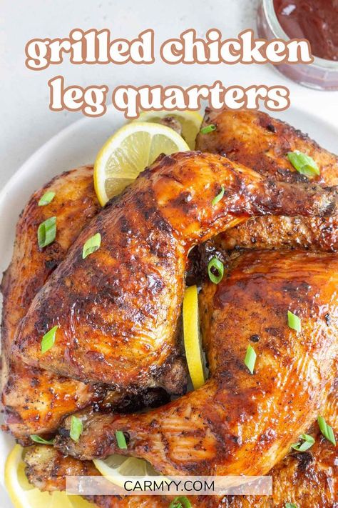 These grilled chicken leg quarters are juicy, tender, and oh so flavorful! Coated in with oil and a simple seasoning mix, grilled until deliciously golden, and then finished off with bbq sauce brushed on top, these grilled chicken legs are a perfect addition to any cookout! Grilled Chicken In Air Fryer, Marinade Grilled Chicken, Grilled Chicken Leg Quarters, Chicken Quarter Recipes, Chicken In Air Fryer, Bbq Grilled Chicken Recipes, Chicken Leg Quarter Recipes, Grilled Chicken Sandwich Recipes, Grilled Chicken Legs