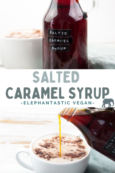 Make your own Salted Caramel Syrup for coffee, chai, and matcha at home. It's so much cheaper, easy to make and you'll only need 3 ingredients. You'll love it! | ElephantasticVegan.com #salted #caramel #syrup Homemade Salted Caramel Syrup, Homemade Caramel For Coffee, Caramel Brulee Syrup, Salted Caramel Syrup For Coffee, Homemade Salted Caramel Coffee Syrup, Cinnamon Dulce Coffee Syrup, Salted Caramel Simple Syrup, Salted Caramel Syrup Recipes, Salted Caramel Syrup Coffee