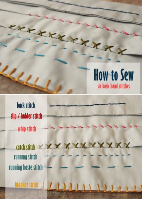 'How to Sew: Six Basic Hand Stitches...!' (via Home Decorating Trends - Homedit) Stitches Reference, Stitching Styles, Hands Tutorial, Hand Stitches, Hand Sewing Projects, Ladder Stitch, Embroidery Stitches Tutorial, Sewing Projects For Kids, Sewing Stitches