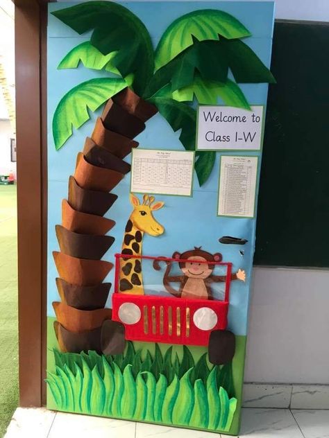 Wild About Reading Door Decoration, Monkey Classroom Door, Foam Board Decoration Ideas, Classroom Decor Jungle Theme, Safari Door Decorations Classroom Themes, Jungle Theme Door Decorations, Jungle Theme Door Decorations Classroom, Safari Classroom Door, Jungle Decorations Classroom