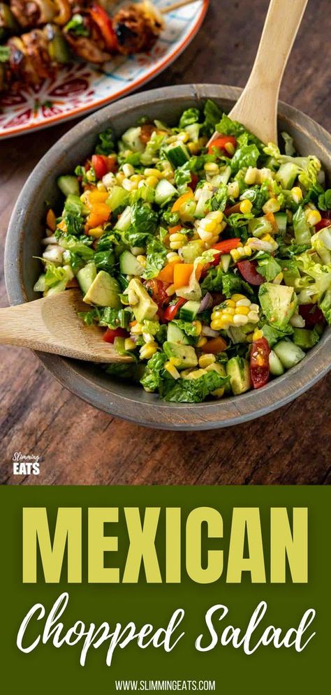 Mexican Chopped Salad - a perfect summertime salad that is great for barbecues with lettuce, tomatoes, peppers, onion, corn and avocado with a simple dressing. Mexican Salad Dressings, Mexican Chopped Salad, Chopped Salad Recipe, Mexican Salad Recipes, Lettuce Salad Recipes, Mexican Salads, Chopped Salad Recipes, Mexican Dinner, Veggie Salad