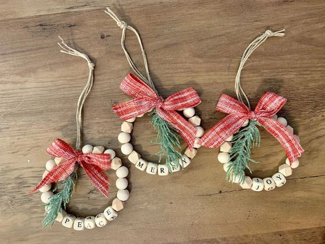 Mini Wood Bead Wreath Christmas Ornaments, Merry, Joy, Peace - Etsy Wooden Bead Wreath Ornament, Wood Bead Christmas Ornaments Diy, Wood Bead Ornaments Diy, Bead Christmas Ornaments Diy, Christmas Bead Ornaments, Wooden Bead Christmas Ornaments, Bead Ornaments Christmas, Christmas Letter Ornaments, Wood Bead Christmas Ornaments