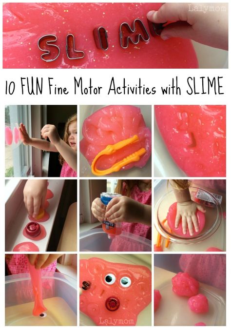 10 FUN Fine Motor Activities for Preschoolers and Kindergarteners Using Slime from Lalymom Slime Activities, Sensory Tub, Playing With Slime, Fine Motor Activity, Fine Motor Activities For Kids, Creative Recipes, Sensory Bottles, Fine Motor Skills Activities, Motor Skills Activities