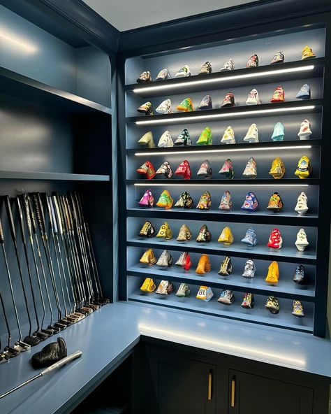 This has to be the coolest head cover and putter display I’ve ever seen. Impressive 👏🏼 #golfheadcovers #golfmemorabilia #golf #officegoals #golfislife Golf Headcovers, Golf Head Covers, Head Covering, Showroom, Home Diy, Golf, Quick Saves