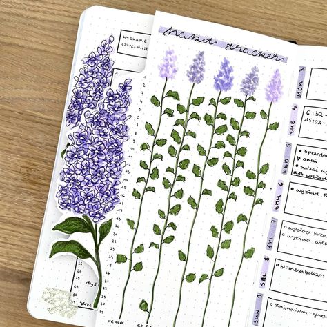 On of my favourite habit trackers🍇🥰 | Instagram Habit Tracker Design Ideas, Journal Habit Tracker Ideas, Habit Tracker Journal, Habit Tracker Aesthetic, Bullet Journal Habit Tracker Ideas, Bujo Habit Tracker, Bullet Journal Habit Tracker, Cottagecore Journal, May Bullet Journal